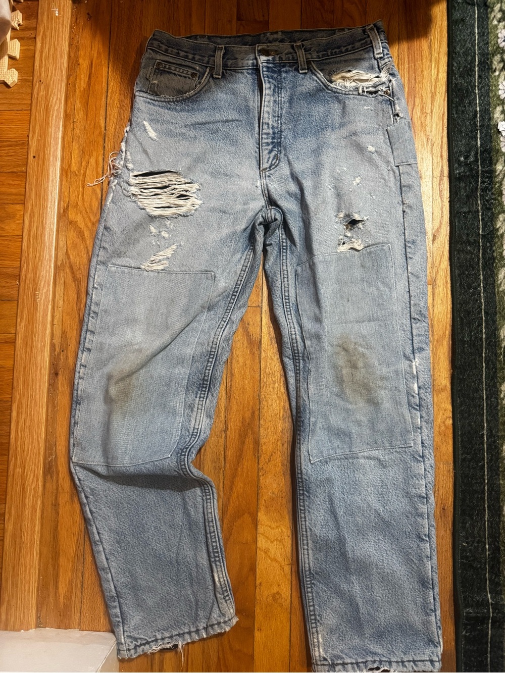 Vintage Carhartt Men's Light Blue Distressed Straight Jeans